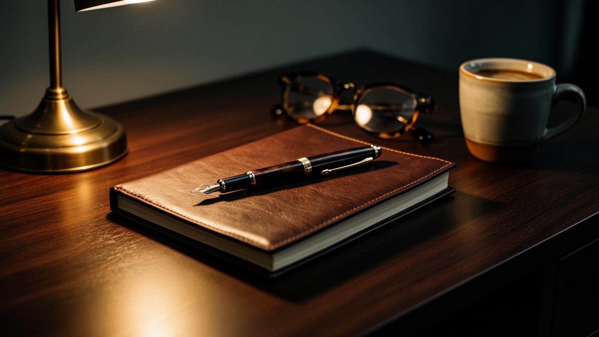 A fountain pen rests on a leather notebook beside tortoiseshell glasses and an espresso cup, lit by a warm brass desk lamp.